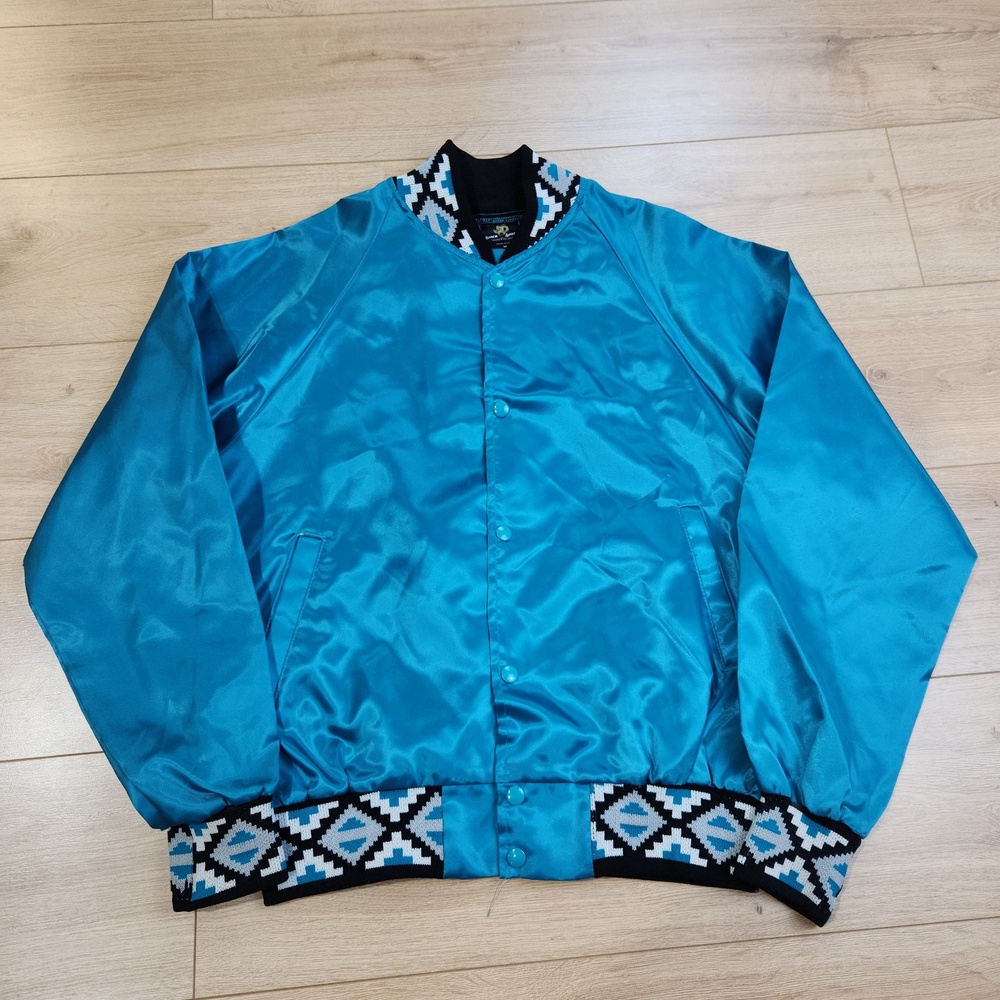 Vintage Black Sheep Jacket Mens Medium Blue Satin Southwestern Bomber USA